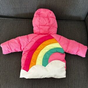 Pink Puffer Jacket with Rainbow Design